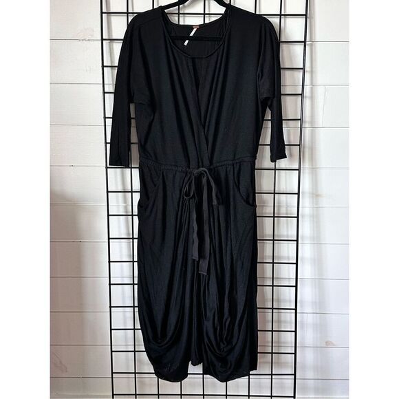 Free People Maxi Ruched Dress Womens M Black V-Neck Drawstring Baggy - Picture 1 of 12